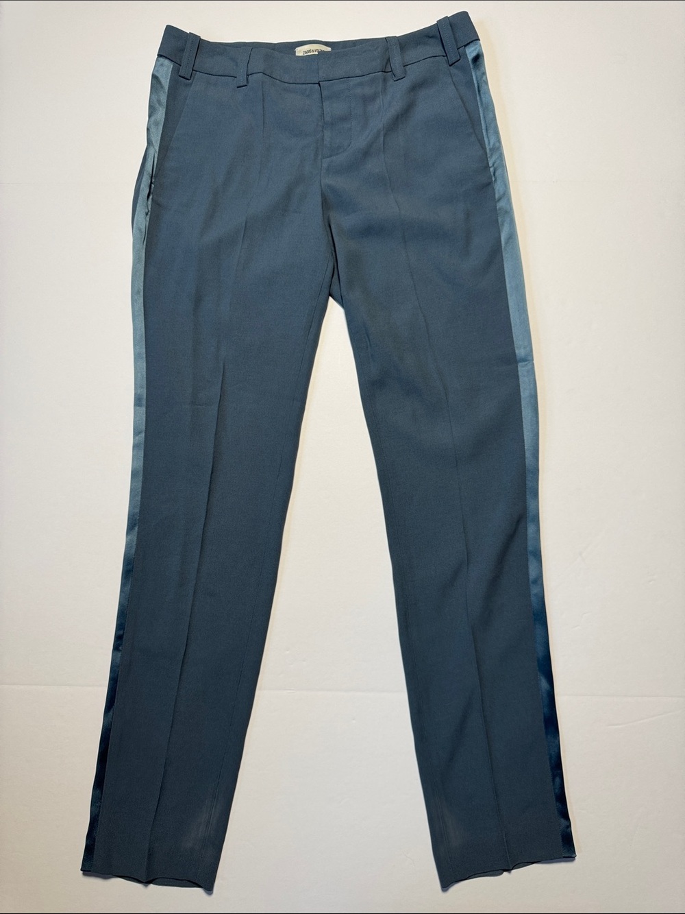 ZADIG & VOLTARIE Prune Satin Trousers Bleu de Gris Tuxedo Stripe M